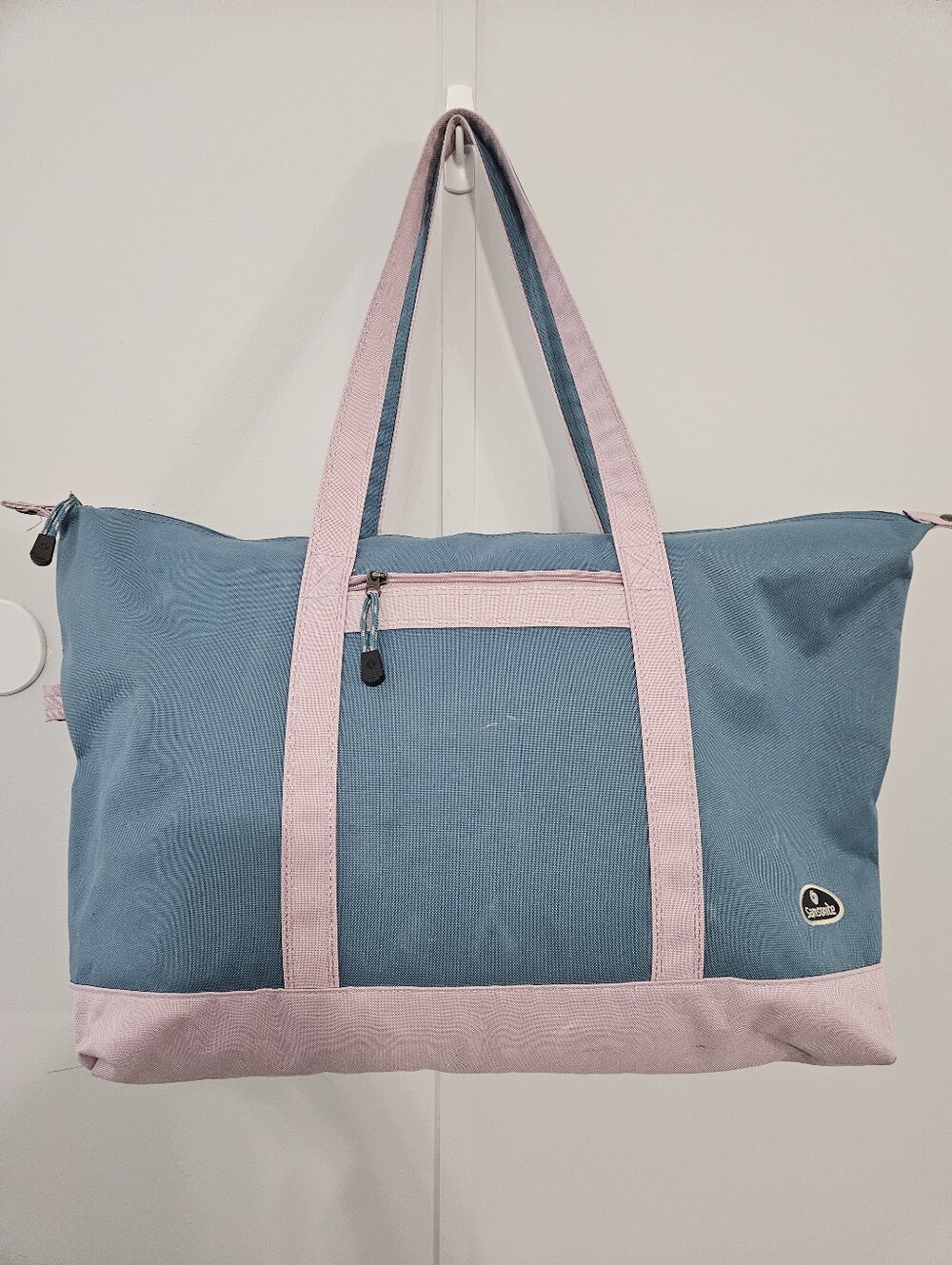 Samsonite Zippered Teal Blue & Pink Canvas Carryall Tote Shoulder Bag with Grey